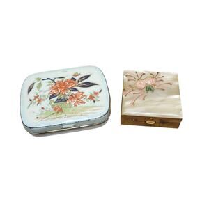 2 Lot Vtg Mother of Pearl Enamel Floral Pill Trinket Boxes Gold Trim Estate Find